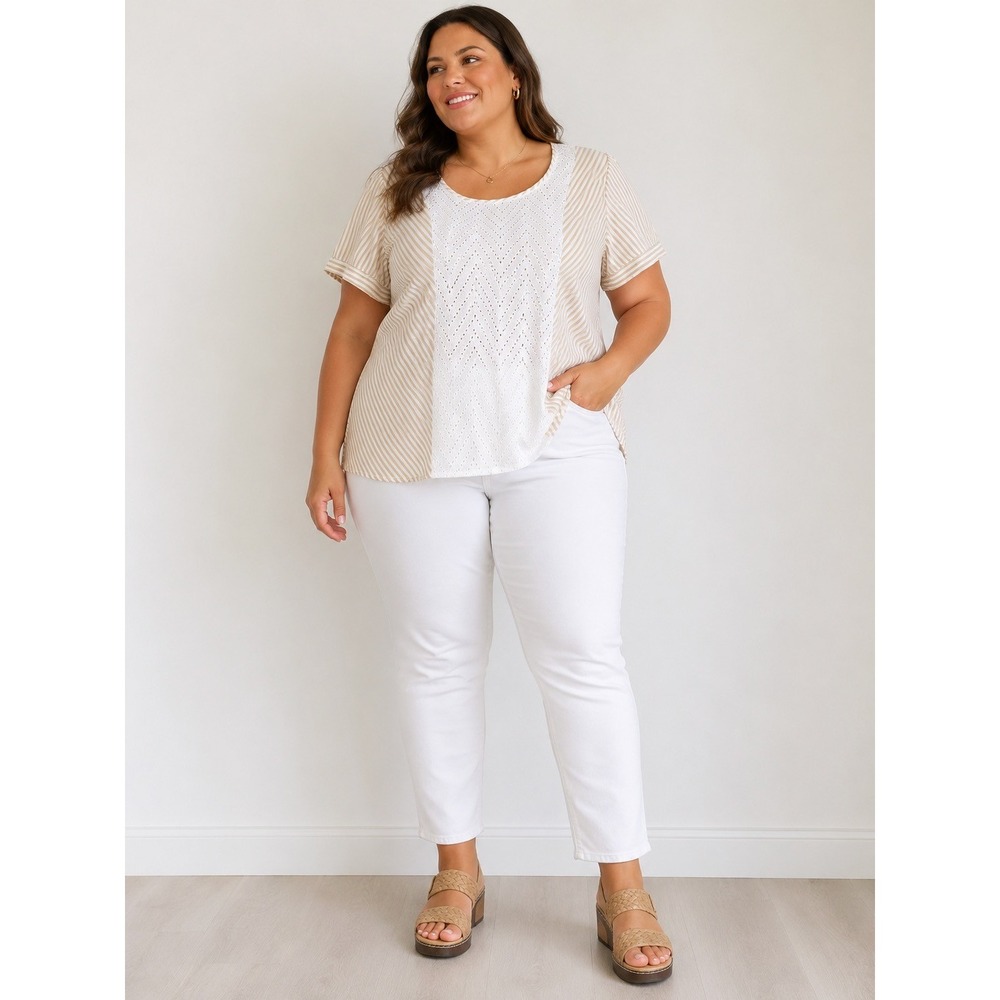 C. Wonder Womens 2X Tan White Striped Eyelet Lace Front Short Sleeve Blouse Top